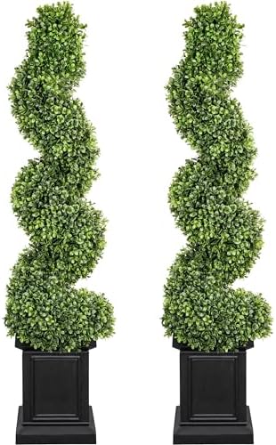 Boxwood Outdoor Topiary Set of 2, 3.5ft Tall Porch Trees, All-Year Green Fake Plant Topiary Trees Artificial Outdoor with Sturdy Pot for Porch Indoor (Spiral)