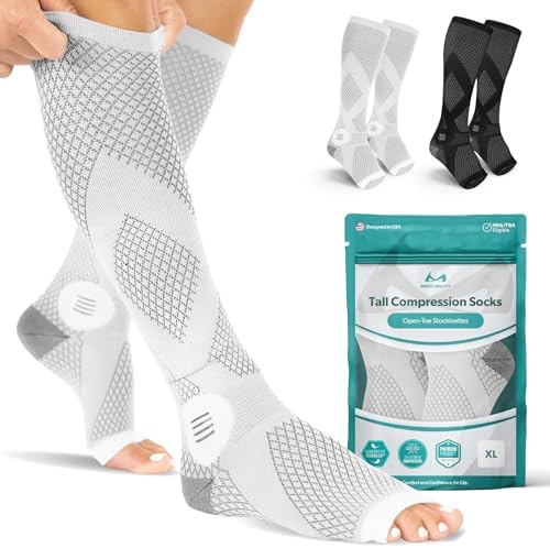 BraceAbility Compression Socks for Circulation - 20-30 mmHg Knee High Neuropathy Open Toe Stockings Best for Varicose Veins, POTS, Restless Leg, Toeless Support for Men or Women - 1 Pair (S - Gray)