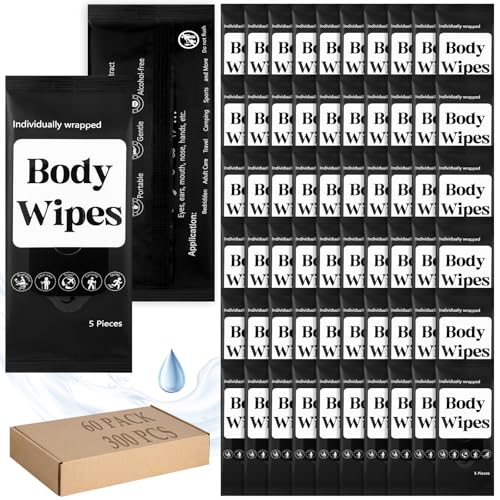 300 Pcs 60 Pack Body Wipes for Adults Bathing No Rinse Individually Wrapped Shower Wipes Washcloth with Aloe Cleansing Body Wash Cloths Disposable Cleansing Cloth(Black Background)