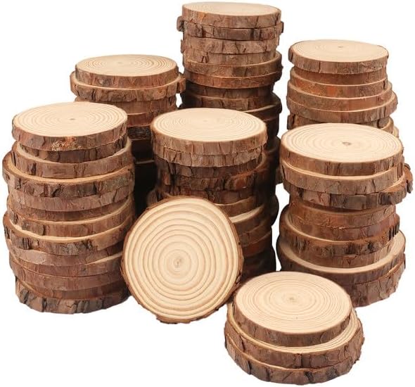 70 PCS 3-4 Inch Natural Wood Slices, Unfinished Pine Wood Circles with Barks for Coasters, DIY Crafts, Christmas Rustic Wedding Ornaments and Centerpieces,by GNIEMCKIN.