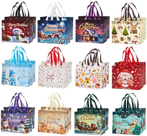 24 Pack Large Christmas Gift Bags 12.8"*6.7"*9.8", Reusable Non-Woven Jumbo Tote Bags with Handles For Christmas Surprise, Xmas Party Supplies Wrapping Shopping