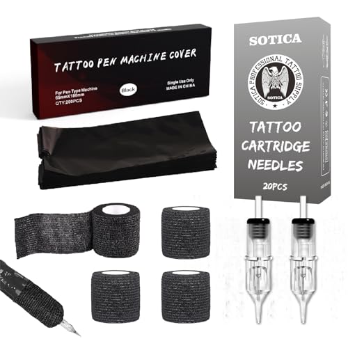 SOTICA Tattoo Pen Covers with Grip Tape and Roud Liners - 200pcs Tattoo Machine Covers Black Tattoo Gun Wrap with 4pcs Tattoo Grip Wrap and 20pcs RL 10pcs 1203 RL with 10pcs 1205RL Tattoo Practice Kit