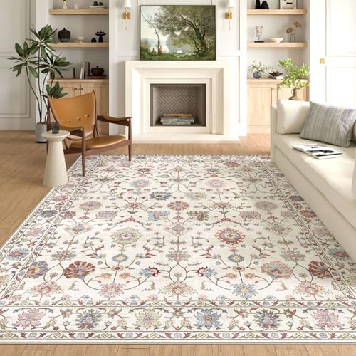 Washable Area Rug 8x10 - Large Cream Colorful Boho Rugs for Living Room Soft Vintage Bedroom Rug Ultra-Thin Traditional Floral Carpet Stain Resistant Rug for Dining Room Guest Room Home Decor