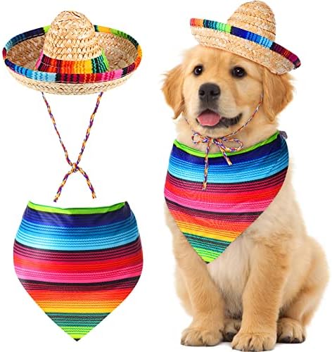 Saintrygo Dog Sombrero Hat Pet Halloween Costume Straw Mexican Hat and Dog Bandana Pet Triangle Bib for Mexican Cowboy Christmas Decorations