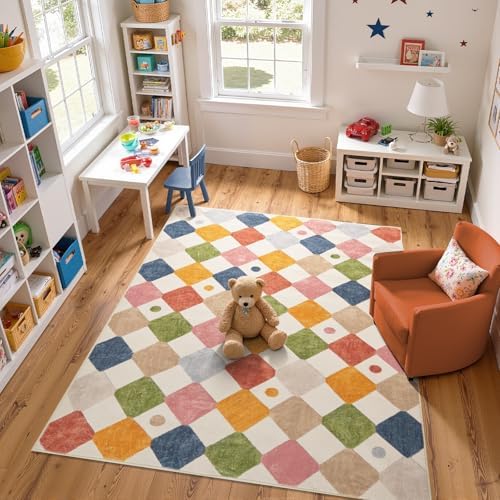 jinchan Area Rug 6x9 Kids Washable Rug Indoor Floor Cover Non-Slip Modern Soft Rug Elementary School Classroom Colorful Diamond Carpet for Nursery Playroom Daycare Living Room Bedroom Circus on Cream