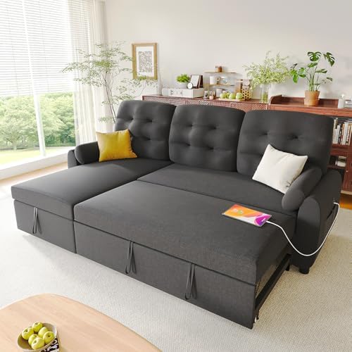 Ucloveria Sleeper Sofa Bed, 86" Convertible Sectional Sofa Couches for Living Room, Pull Out Couch Bed with Reversible Storage Chaise | USB Ports | Side Pockets | Removable Backrest