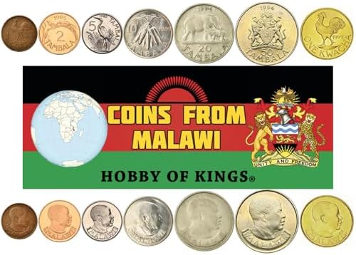 7 Coins from Malawi | Malawian Coin Set Collection 1 2 5 10 20 50 Tambala 1 Kwacha | Circulated 1984-1994 | Hastings Banda | Elephant | Rooster | Long-Tailed Paradise Whydah | Heron | Corn