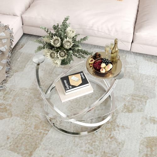 31" Glass Coffee Table, Modern End Table with Ring Silver Metal Frame, Round Glass Coffee Table for Decoration, Small Silver Coffee Tables for Living Room, Study Room, Office