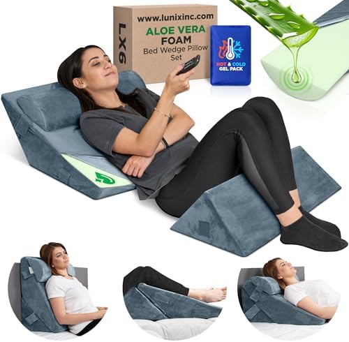 Lunix 3pcs Orthopedic Bed Wedge Pillow Set, Post Surgery Aloe Vera Memory Foam for Back, Leg, Knee Pain Relief, Adjustable Sitting Pillow for Sleeping, Acid Reflux, and GERD, with Hot Cold Pack, Navy