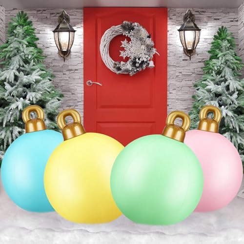 Jetec 4 Pcs 32 Inch Giant PVC Inflatable Christmas Decorated Ball Jumbo Christmas Inflatable Ornaments Ball Large Outdoor Blow up Xmas Tree Ornaments for Xmas Porch Lawn Yard (Pastel Color)