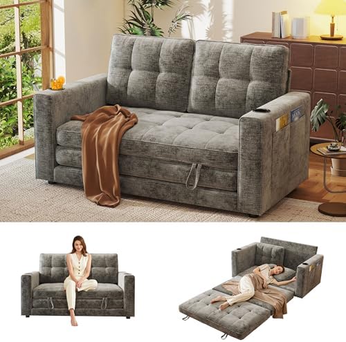 55" Convertible Folding Sofa Bed, Pull Out Couch Love Seat Sleeper Bed, Small Fold Out Loveseat Sleeper with Cup Holder and Pillow for Small Space, Bedroom Lounge, Dorm, Living Room(Grey Chenille)