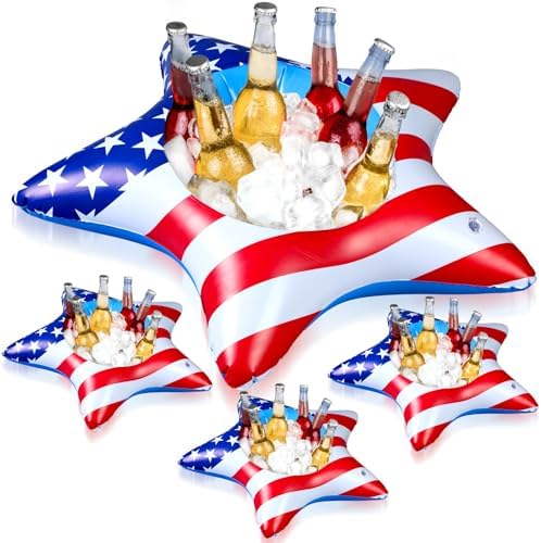 4 Pcs 9.84 Inch Patriotic Inflatable Cooler 4th of July Drink Buffet Cooler Inflatable Ice Serving Bar Food Drink Containers for Independence Day Swimming Pool Party Indoor Outdoor BBQ Picnic