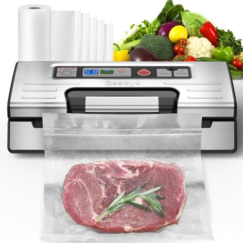 Vacuum Sealer Machine, 95kPa Food Sealer with Double Heat Seal for Dry/Moist Food, Easy-lock Handle, Built-in Bag Storage & Cutter, Progress Display, Removable Drip Tray, Silver