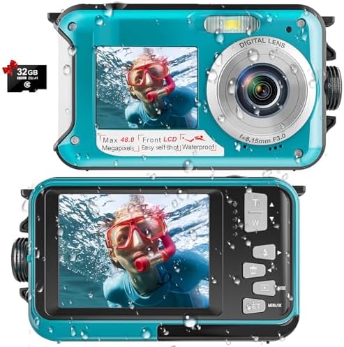 Waterproof Digital Camera Underwater Camera Full HD 4K 48 MP Video Recorder Selfie Dual Screens with 32GB Card Waterproof Camera for Snorkeling (DV806)