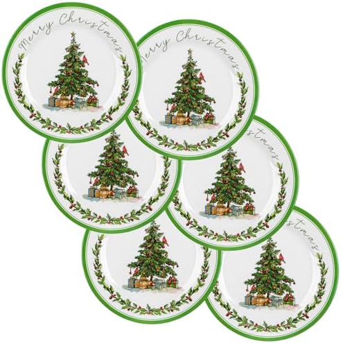 6 Pcs Christmas Dinner Plates Xmas Tree Melamine Dinnerware Green Plates Xmas Wreath Dishes Holiday Tableware for Dessert Salad Appetizer Birthday Party(Christmas Tree,10 Inches)