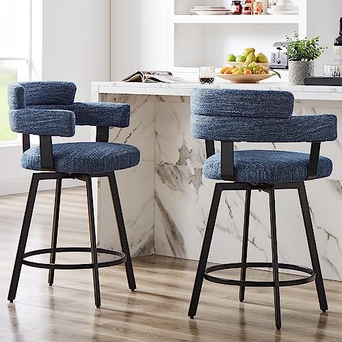 Counter Height Bar Stools with Full Back – Swivel Counter Stools Set of 2 with Linen Padded Back, Metal Footrest, Modern Barstools for Kitchen Counter, Island, Dining Room, Blue 24 inch