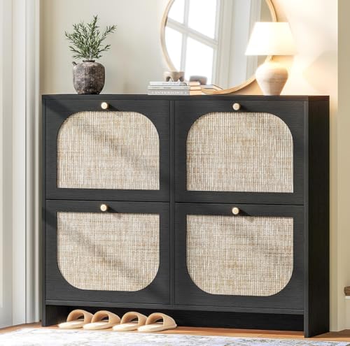 Nicetree Freestanding Arched Rattan Accent Ultra Slim Shoe Cabinet for Entryway - 4 Flip Drawers & 3-Tier Adjustable Shelves, Farmhouse Modern Rustic Shoe Rack for Hallway, Foyer, Living Room