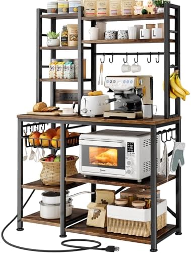 Baker Rack with Power Outlet - Microwave Stand with Storage, Large Coffee Bar Station with 14 Hooks, Metal Kitchen Shelf Rack for Spices, Pots (Rustic Brown)