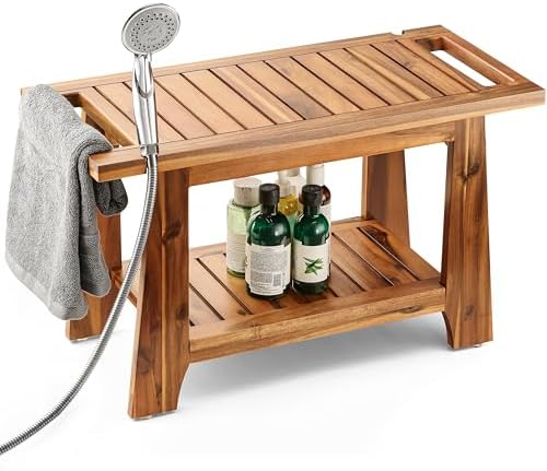 Tinamo 28" Shower Benches for Inside Shower - Wooden Shower Stool Waterproof for Shaving Legs - Bench Seat with Storage Towel Shelf for Bathroom - Chair Spa Bath Nail Shave (Brown, 28" W)