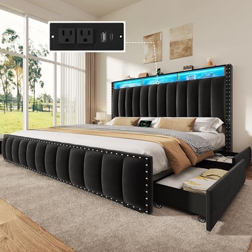 DWVO King Size Bed Frame with 4 Storage Drawers and RGB LED Lights, Velvet Upholstered Platform Bed with Charging Station and Bookcase Storage Headboard, No Box Spring Needed, Easy Assembly, Black