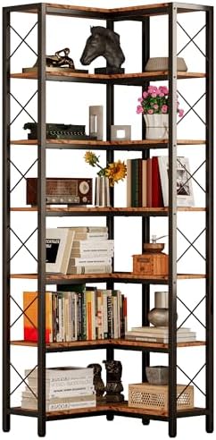 IRONCK Corner Bookshelf, 7-Tier Industrial Corner Bookcase, Tall Corner Shelf Storage Display Rack with Metal Frame for Living Room Home Office, Vintage Brown
