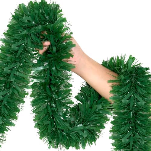 50Ft Green Christmas Garland Decorations,Xams Greenery Tinsel Stems Non-Lit Soft Twist Garland Decor for Tree Stairs Railing Front Door Mantle Fireplace Indoor Outdoor Holiday Home