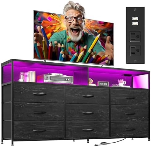 55” W Black Dresser for Bedroom with Charging Station & LED Light, 65/55/50 Inch TV Stand with 9 Fabric Drawers, Sturdy Chest of Drawers with 2 Wooden Open Shelves for Bedroom, Dorm, Living Room