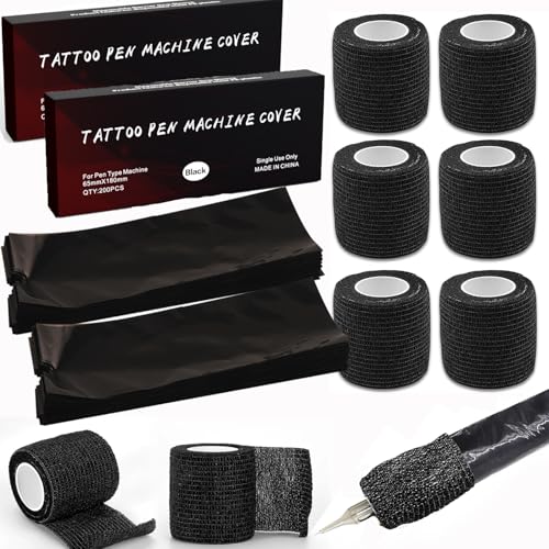 Large Machine Pen Covers with Grip Tapes, Urknall 400pcs Large Tattoo Pen Covers with 6pcs Tattoo Grip Tapes Kit Protective Set Black Tattoo Pen Sleeves Disposable Grip Tapes