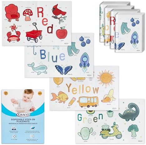 Graco Baby Disposable Stick-On Placemats, 4 Subtle Designs (10 Each), 12"x18" Sticky Placemats with Adhesive Strips for Baby Led Weaning, Home & Restaurant Use, Eco-Friendly