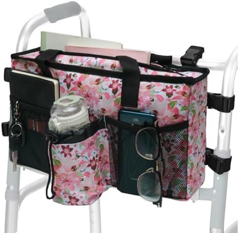 Double-Sided Walker Bag with Flower Design,Tote Handle Zipper Plug Buckle Organizer Pouch for Seniors, Walker Accessories