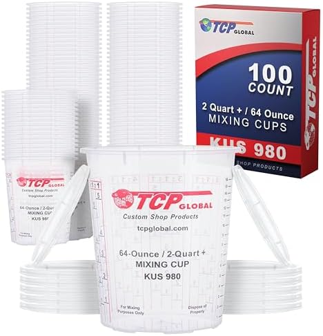 Custom Shop Paint Mixing Cups, 64-Ounce (Box of 100) - Plastic Measuring Cups for Liquids, Automotive Painting, Epoxy Resin, Acrylic Arts, Crafts, Disposable or Reusable, Graduated, Mixing Ratios