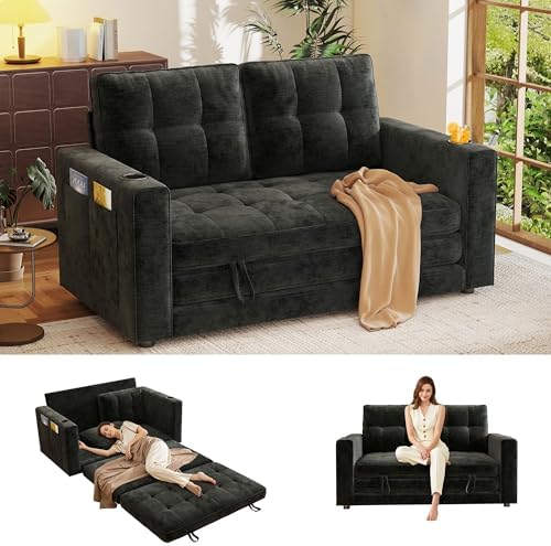 55" Convertible Folding Sofa Bed, Pull Out Couch Love Seat Sleeper Bed, Small Fold Out Loveseat Sleeper with Cup Holder and Pillow for Small Space, Bedroom Lounge, Dorm, Living Room(Black Chenille)