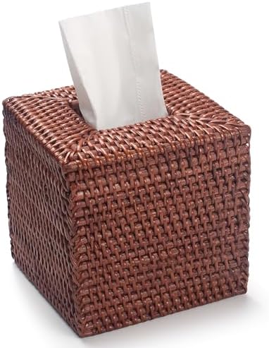 Square Rattan Tissue Box Cover, Hand Woven Wicker Tissue Holder, 5.5 x 5.5 X 5.7 inches, Honey Brown
