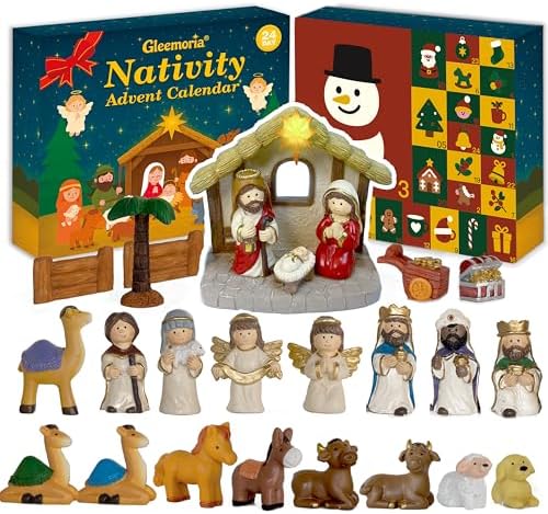 Nativity Advent Calendar 2025 Kids - 24 Days Light-Up Nativity Scene Set with Resin Figures，Toddler Advent Calendar 2025 Girls and Boys，Christmas Countdown Calendar Gifts for Children