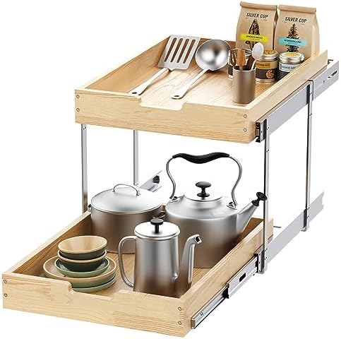 Wood Pull Out Cabinet Organizer 2 Tie 14" W x 21" D, Heavy-Duty Sliding Drawers for Inside Cabinets Storage and Organization for Kitchen, Pantry, Bathroom