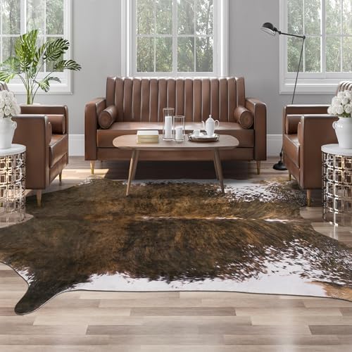 AROGAN 8x10 Faux Cowhide Area Rugs for Living Room, Animal Skins Cow Hide Rug for Bedroom, Cool Western Christmas Decor, Thin Leather Cow Hide Carpets Fireplace Rug, Saddle Brown