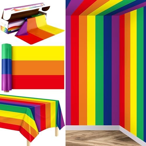 100 Ft x 54 Inch Rainbow Tablecloth Roll with Cutter Box Gay Pride Tablecloth Cut to Size Table Cover Disposable Rainbow Pride Backdrop for Indoor Outdoor Events Party Supplies