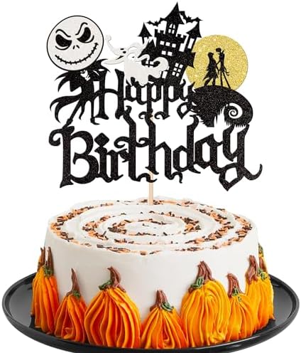 1 PCS Halloween Happy Birthday Cake Topper Glitter Jack and Sally Castle Ghost Halloween Cake Pick for Nightmare Theme Baby Shower Birthday Before Christmas Party Cake Decorations Supplies