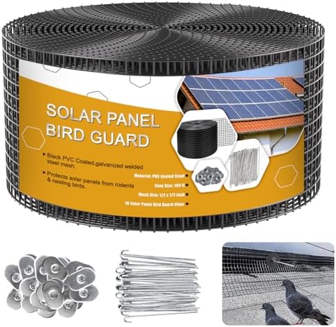 Solar Panel Bird Guard,6in x 100ft Critter Guard Roll Kit for Roof Protection Net Wire Screen,Rust-Proof Black PVC Coated Galvanized Net Pigeon Mesh with 70 Fastener Clips for Bird,Animal Control