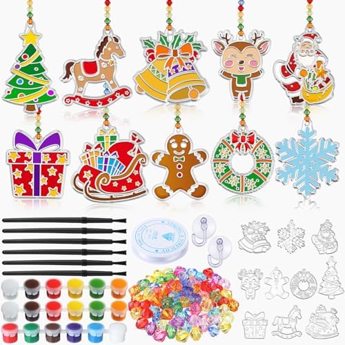 30 Sets Christmas Suncatchers Window Art Kits Xmas Santa Claus DIY Sun Catchers Crafts Bulk Paint Your Own Window Ornaments for Boys Girls Classroom Party Birthday Activity Home Decor
