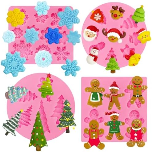 4 Pcs Christmas Silicone Molds 3D Christmas Molds Xmas Tree Santa Gingerbread Man Snowman Reindeer Snowflake Silicone Mold Winter Fondant Molds for DIY Crafts Cupcake Cake Decoration Candy Chocolate