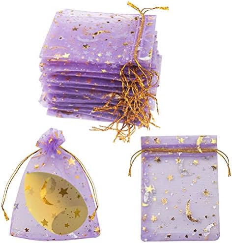 SUMAJU 100 Pieces Moon Star Organza Jewelry Candy Bags, 2.7x3.5 Inch Sheer Purple Organza Pouch Small Gift Bags with Drawstring for Wedding Christmas Party Favors