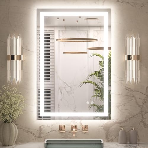 Keonjinn 24" x 36" Lighted Mirror for Bathroom Wall, LED Mirror with Frontlit & Backlit, Dimmable 3-Color Lights, HD Tempered Glass, UL-Listed LED Driver