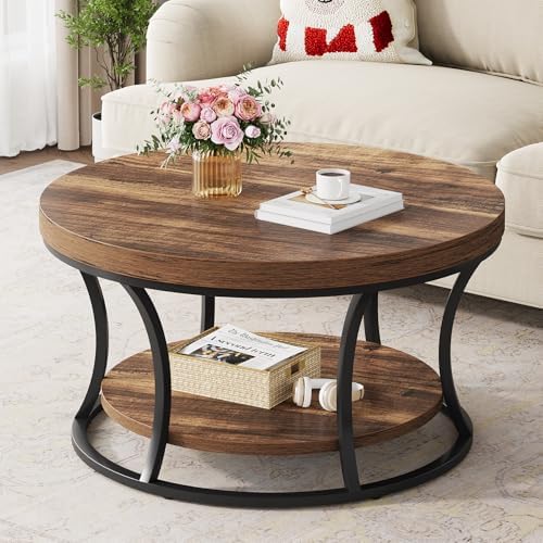 Round Coffee Table for Living Room, 2-Tier Circle Coffee Table with Storage, Accent Center Table Modern Design, Rustic Brown and Black