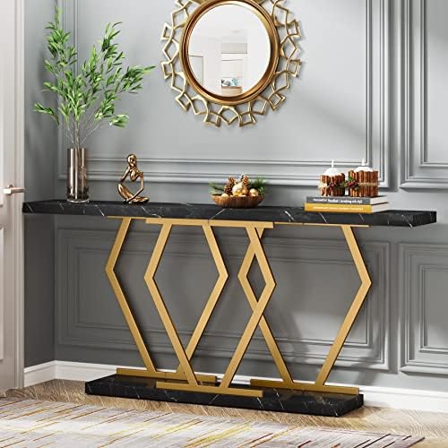 Tribesigns 70.9 Inch Extra Long Sofa Table，Black and Gold Console Table with Faux Marble Tabletop, Modern Long Entryway Table with Gold Frame