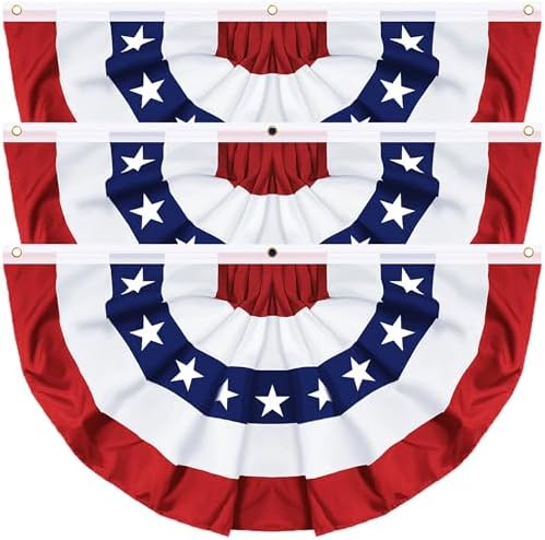3 Pack 3x6 FT USA Pleated Fan Flag, American Bunting Flag Patriotic Half Fan Banner 4th of July Decorations Outdoor Memorial Day Decor Fourth July Independence Day Outside Red White and Blue Decor