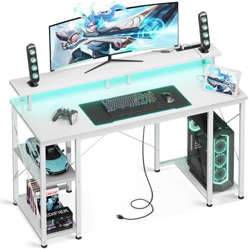 ODK 48 inch Gaming Desk with LED Lights & Power Outlets, Computer Desk with Monitor Stand & Storage Sheves, CPU Stand, Home Office Desk, White