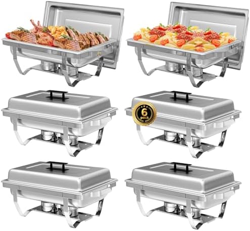 IMACONE 6 Pack Chafing Dish Buffet Set, 8QT Stainless Steel Rectangular Chafers and Buffet Warmer Sets for Catering, with Food & Water Pan, Lid, Foldable Frame, Fuel Holder for Event Party Holiday