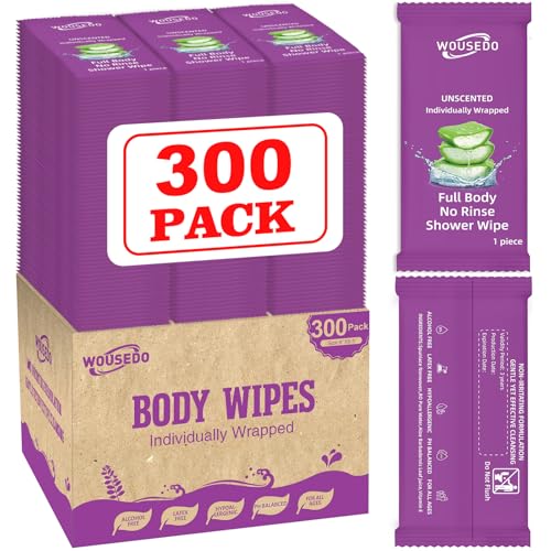 300 Pcs Body Wipes Individually Wrapped(8" x 9.5"),Shower Wipes for Adults Bathing No Rinse,Personal Cleansing Wipes for Travel Gym,Bulk Deodorant for Homeless