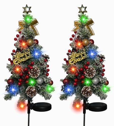 2 Pack Solar Christmas Tree Outdoor Christmas Decorations, 32in 40 Led Light 2 Modes Outdoor Waterproof,Solar Powered XmasTree for Garden Yard Pathway Lawn Cemetery Decoration